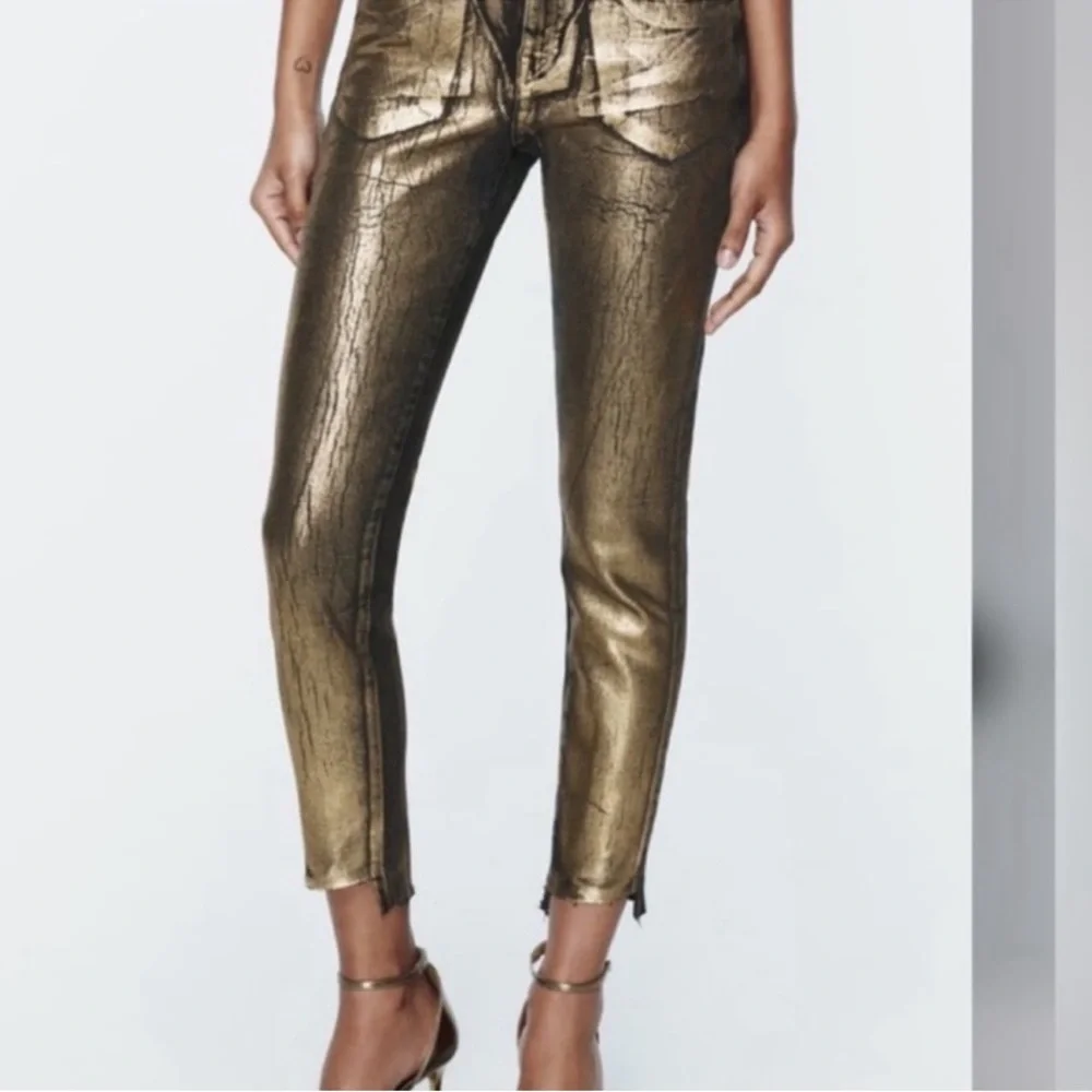 NWOT ZARA Metallic Cyber Gold Slim Crop Pants - Women size 4